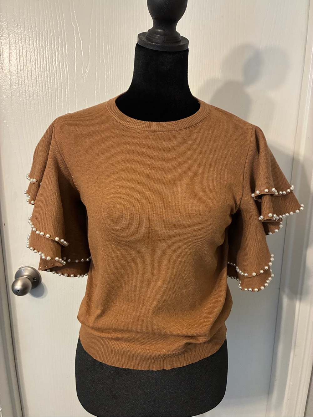 Pearl-Trim Ruffle Sleeve Crewneck Sweater - Camel Brown